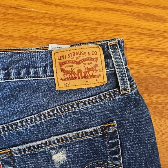 Levi 501 Blue Distressed Jean Shorts - Picture 7 of 9